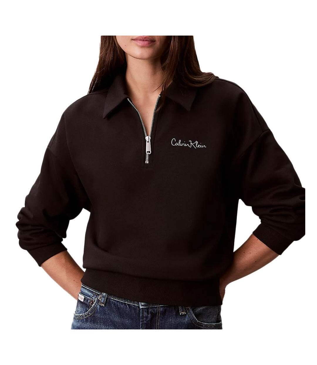 Sweat noir femme calvin klein jeans french terry-1