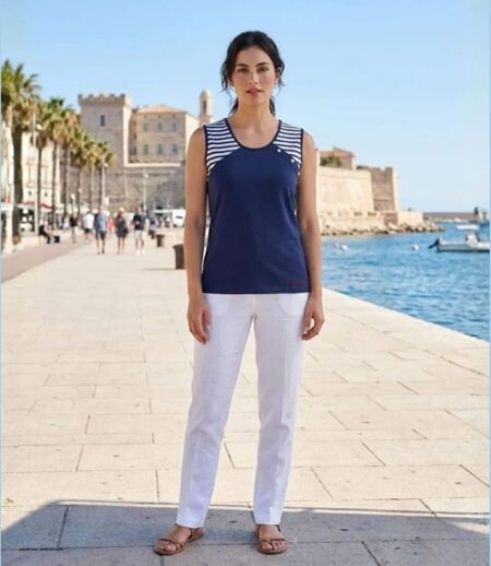 Tee-shirt sans manches TF192M Mode Directe : Débardeur fantaisie 100% coton au look marin