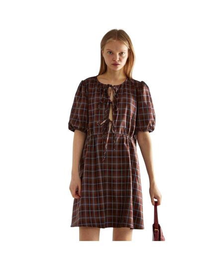 Womens/ladies Front Tie Puff Sleeve Mini Dress Brown Glamorous