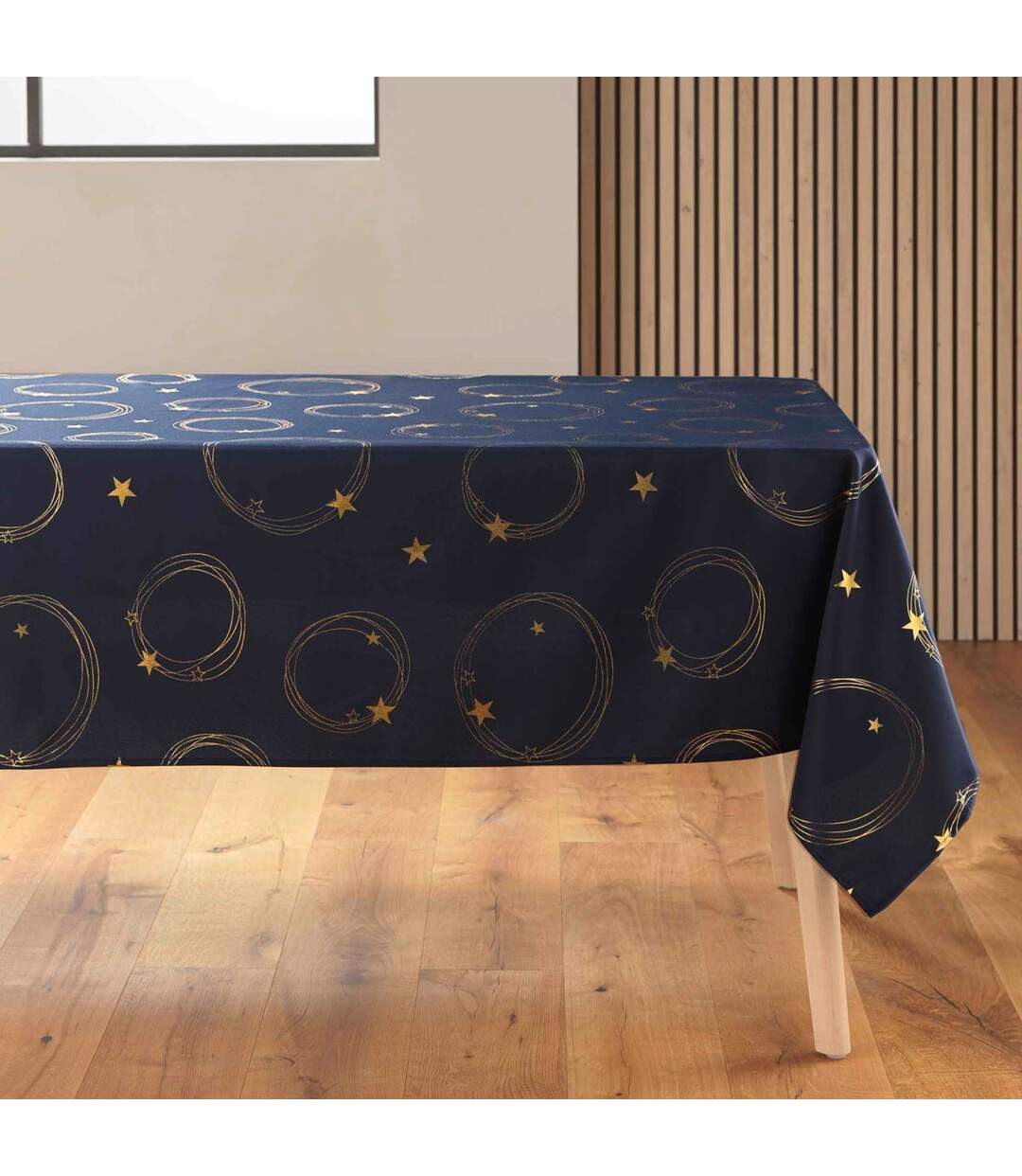 Nappe Antitache Imprimé Star 150x300cm Bleu Marine & Or-1