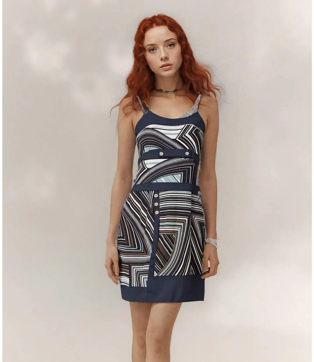 Robe femme bretelles fines imprimée graphique coupe droite-4