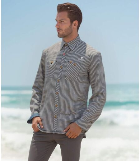Chemise Masculine Grise à  Rayures avec 2 Poches poitrine