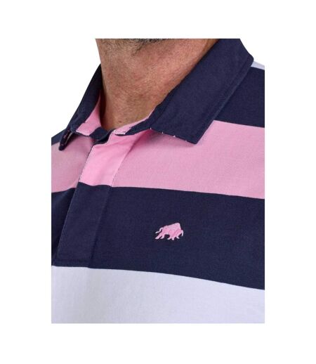 Mens Irregular Stripe Jersey Rugby Polo Shirt Navy White Pink Raging Bull
