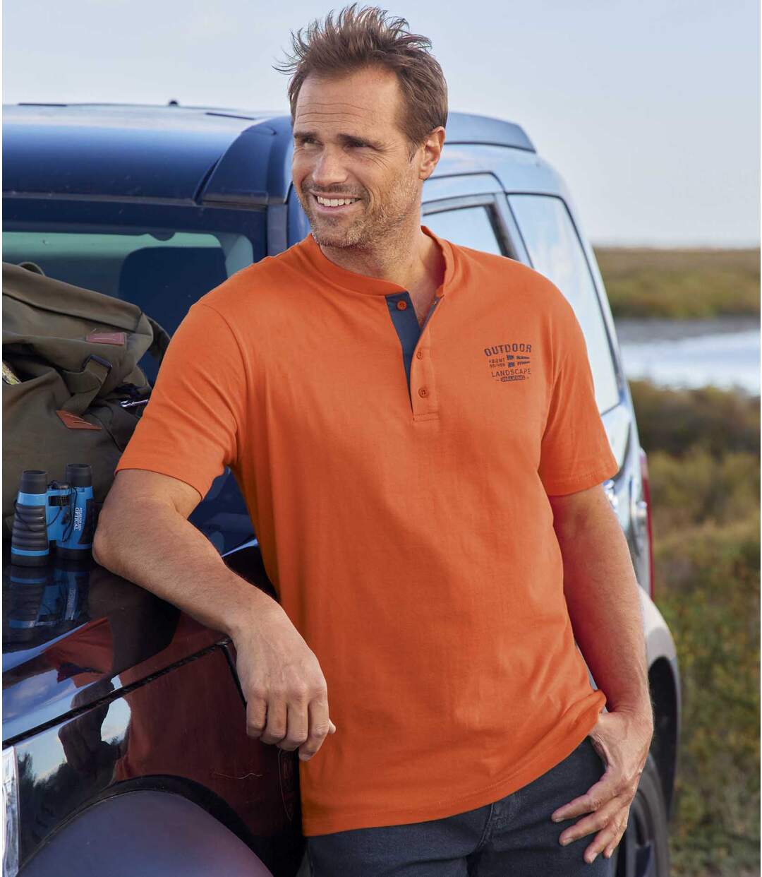 Pack of 3 Men's Henley T-Shirts - Ecru Orange Green