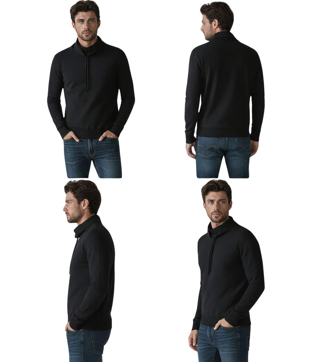 Pull noir à  manches longues avec col en boule et lacet, pour un look décontracté et stylé-3