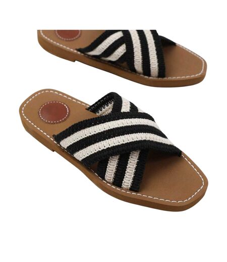 Womens/ladies Criss Cross Strap Flat Slides Black White Where´s That From