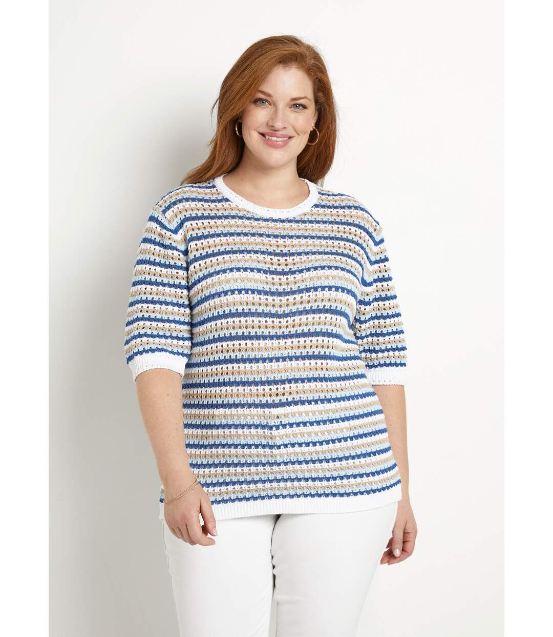 Pull doux rayé ajouré court manches courtes-1