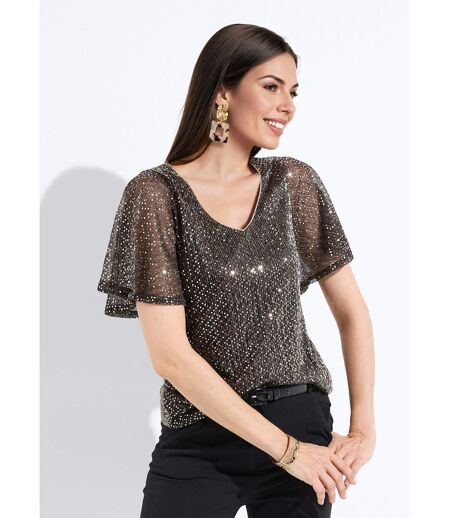 T-shirt pailleté col V manches courtes