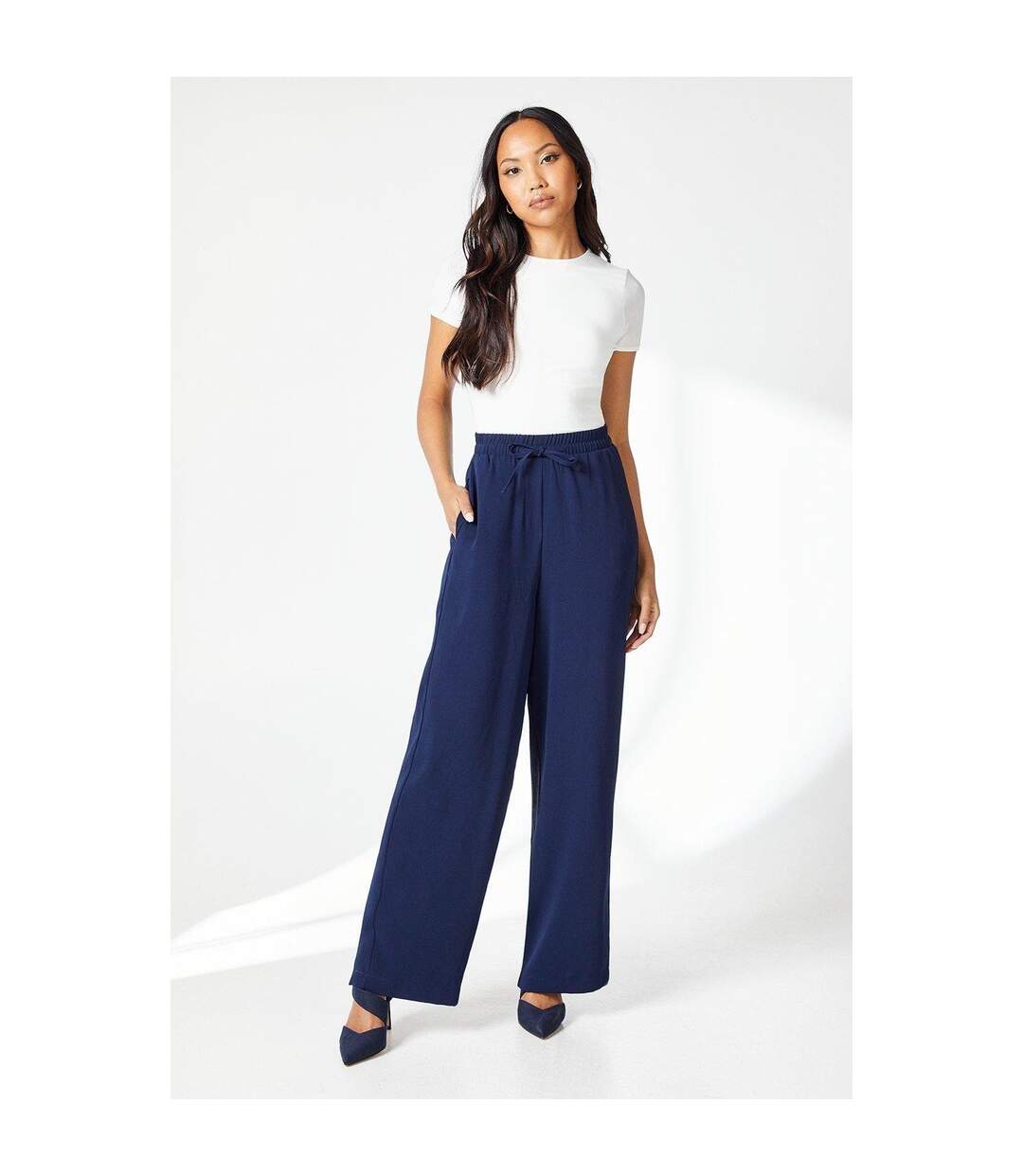 Womens/ladies drawstring waist wide leg trousers navy Principles