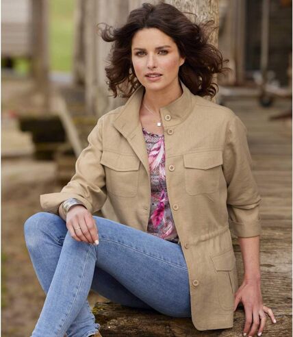 Women's Linen/ Viscose Safari-Style Jacket - Beige