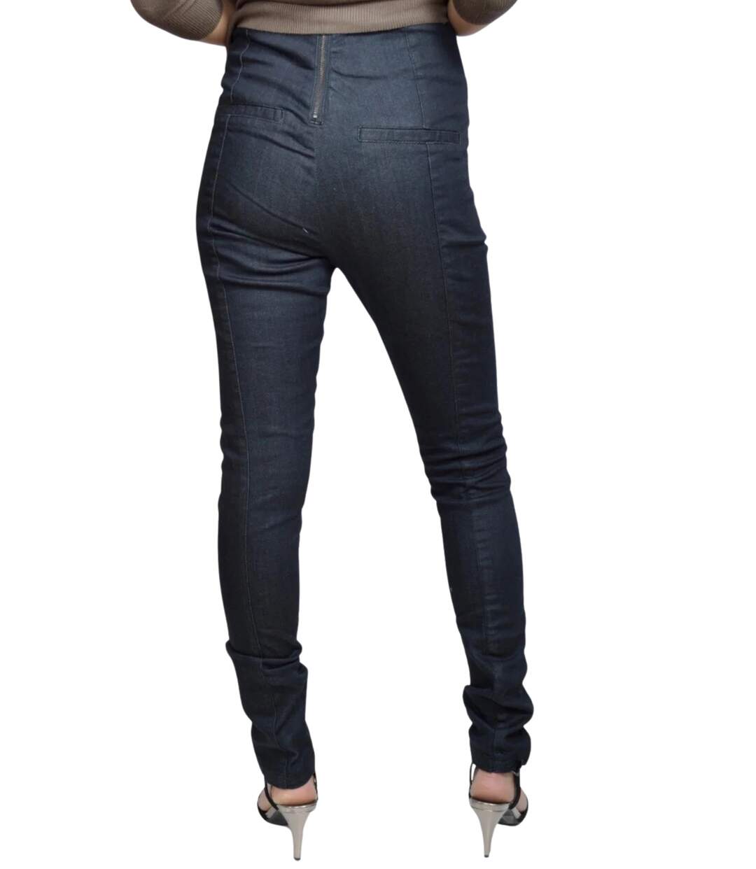 Pantalon femme taille haute coupe slim Bleu nuit - 5 poches, coton stretch-2