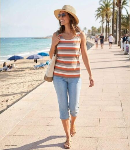 MAYFLOWER DONUT1 — Débardeur taupe / orange femme coton : le confort d'un style casual dynamique
