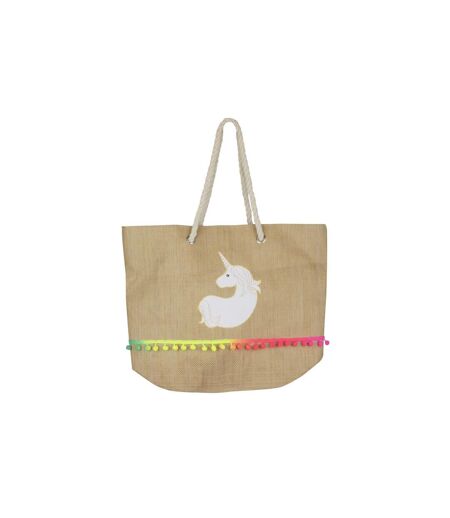 Sac Cabas à Pompons Licorne 55cm Naturel