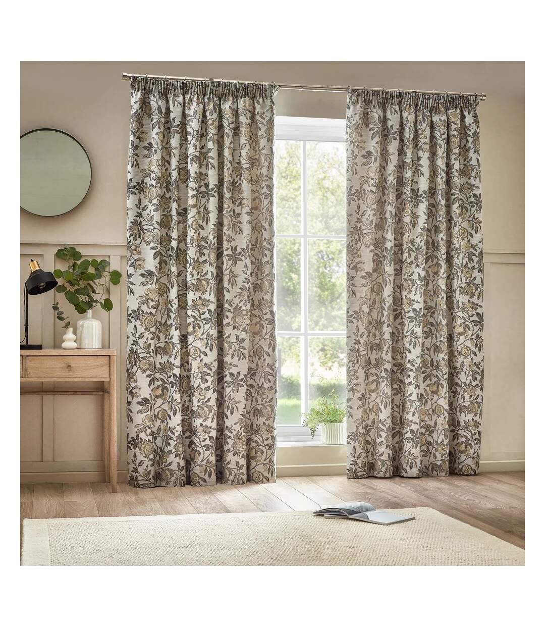 Jacquard pomegranate floral pencil pleat curtains 168cm x 229cm natural Wylder-1