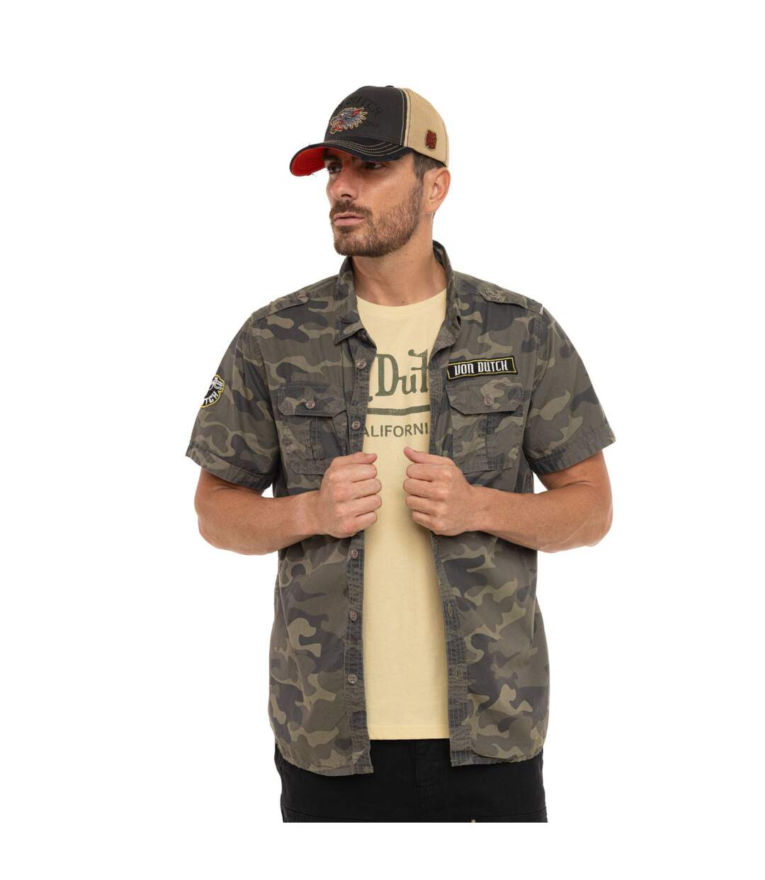 Chemise homme manches courtes en popeline patch et print dos Derek Vondutch-1