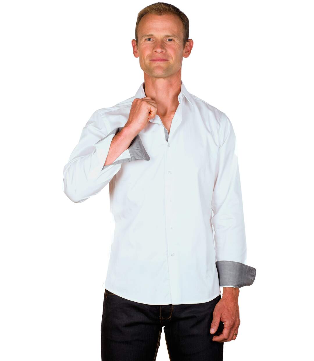 Chemise cintrée homme ajustée blanche galon gris-1