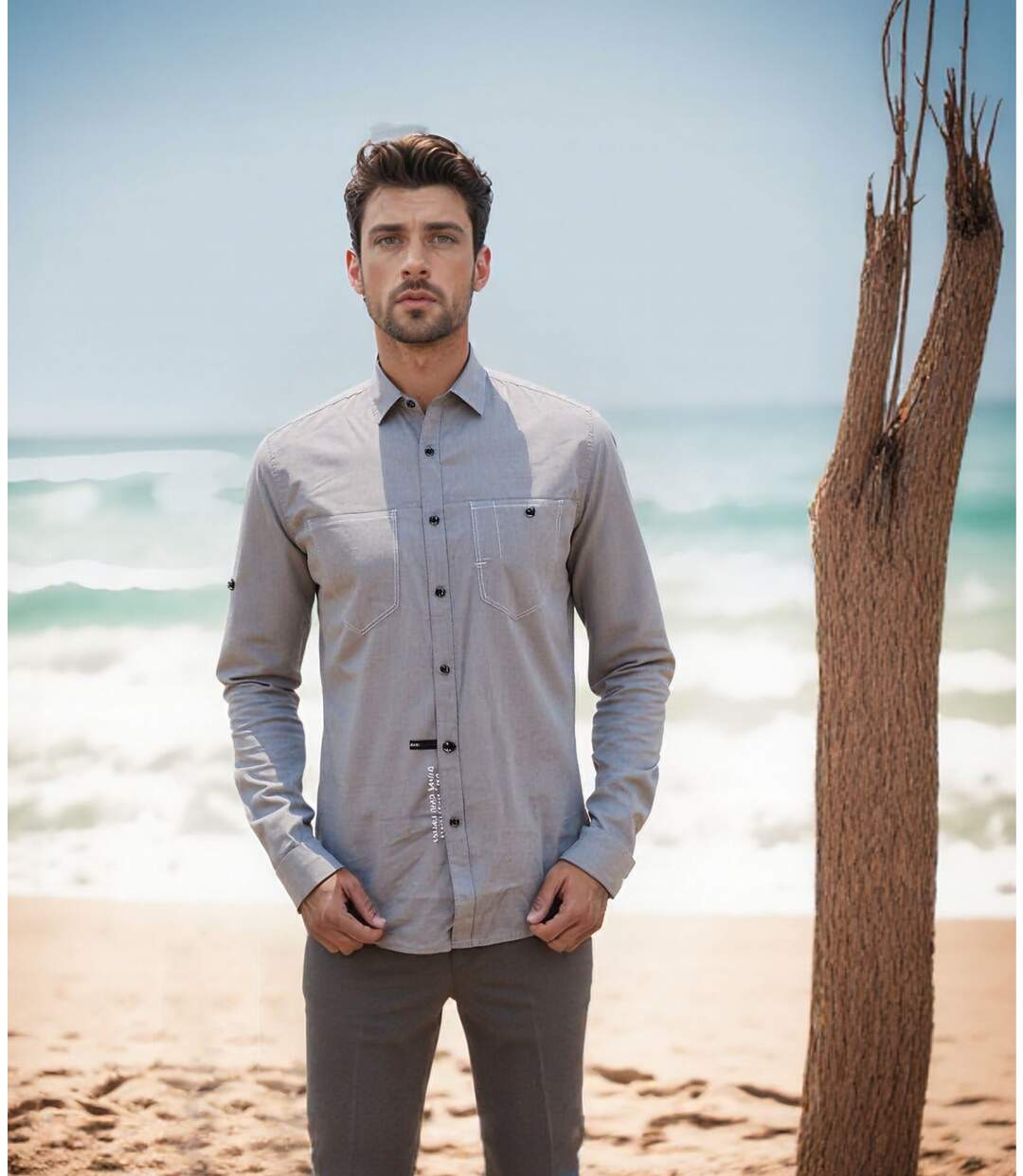 Chemise en coton gris à  manches longues pour homme avec poches poitrine et finitions contrastées-3
