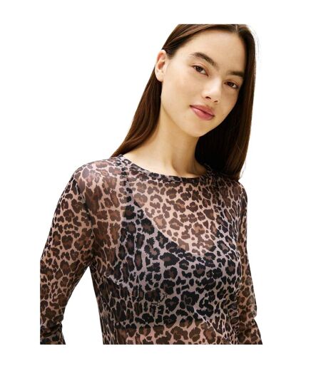 Womens/ladies Leopard Print Mesh Long-sleeved T-shirt Brown Beige Tommy Jeans