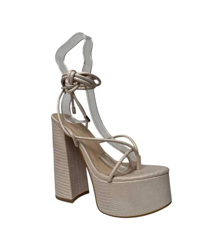 Womens/ladies Reptile Print Leather Platform Block Sandals Cream No Doubt