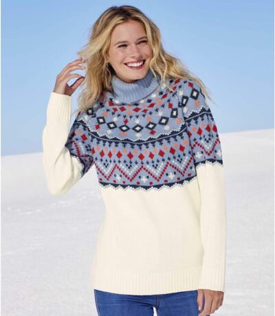 Women's Patterned Roll Neck Sweater - Lavender Ecru 