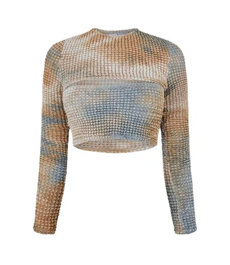 Womens/ladies Tie Dye Cut Out Crop Top Beige Off White