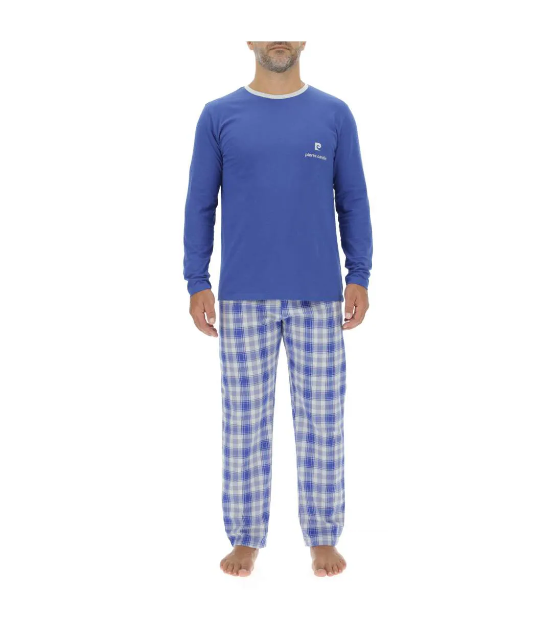 Ensemble Pyjama long homme en popeline à carreaux et Logo poitrine Pierre Cardin-1