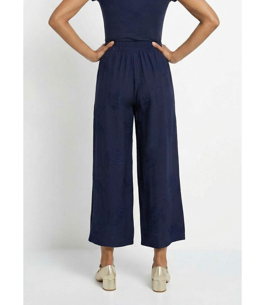 Pantalon large élastiqué brodé feuillage-2