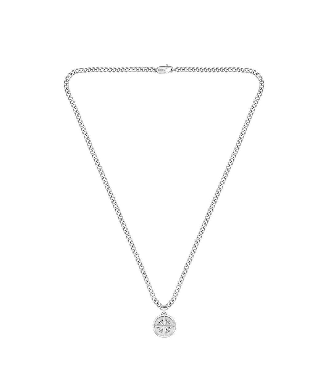 Mens Stainless Steel Compass Necklace One Size Silver Boss-2