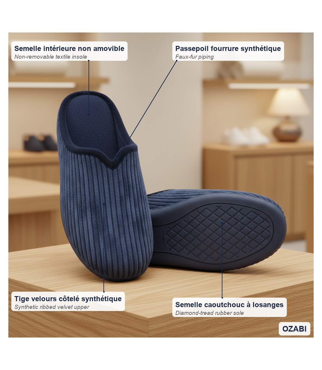 OZABI Mules Femme Unies, Velours Côtelé Synthétique, Passepoil Fourrure-4