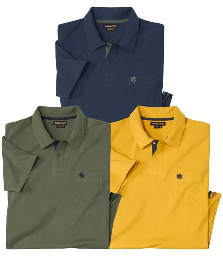 Pack of 3 Men's Cotton Polo Shirts - Khaki Yellow Navy