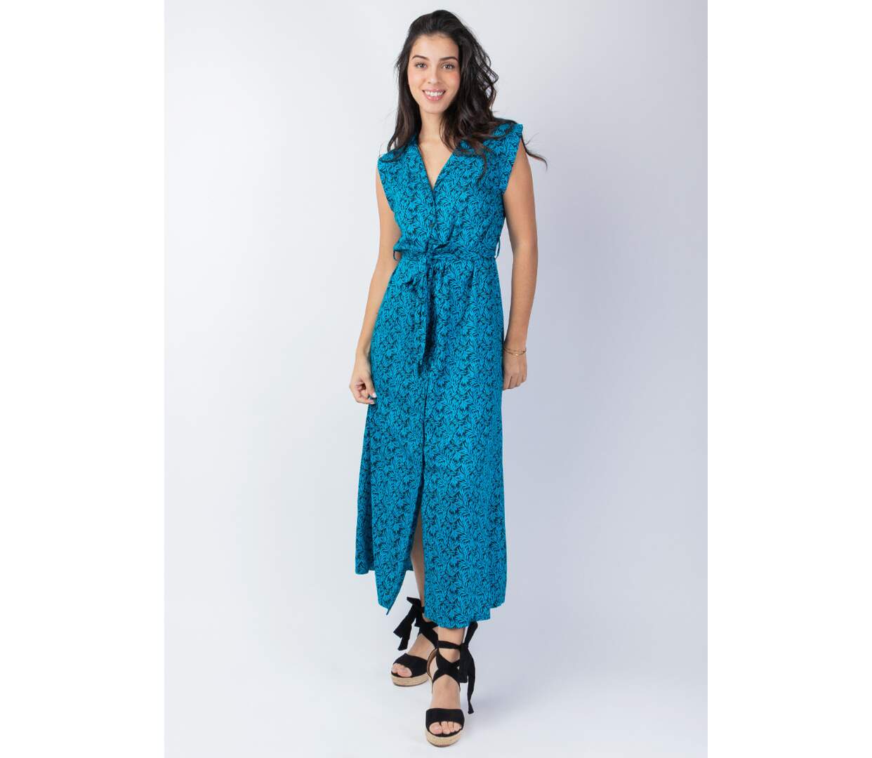 Robe longue ceinturée SELINA motif bleu et noir Coton Du Monde-2