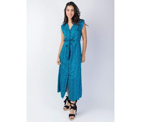 Robe longue ceinturée SELINA motif bleu et noir Coton Du Monde