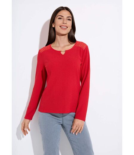 T-shirt maille gaufrée dentelle encolure bijou