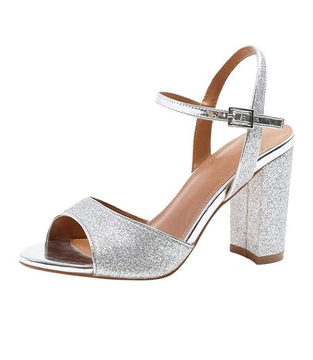 Womens/ladies Florence Faux Leather Ankle Strap Wide Mid Heel Sandals Silver Where´s That From
