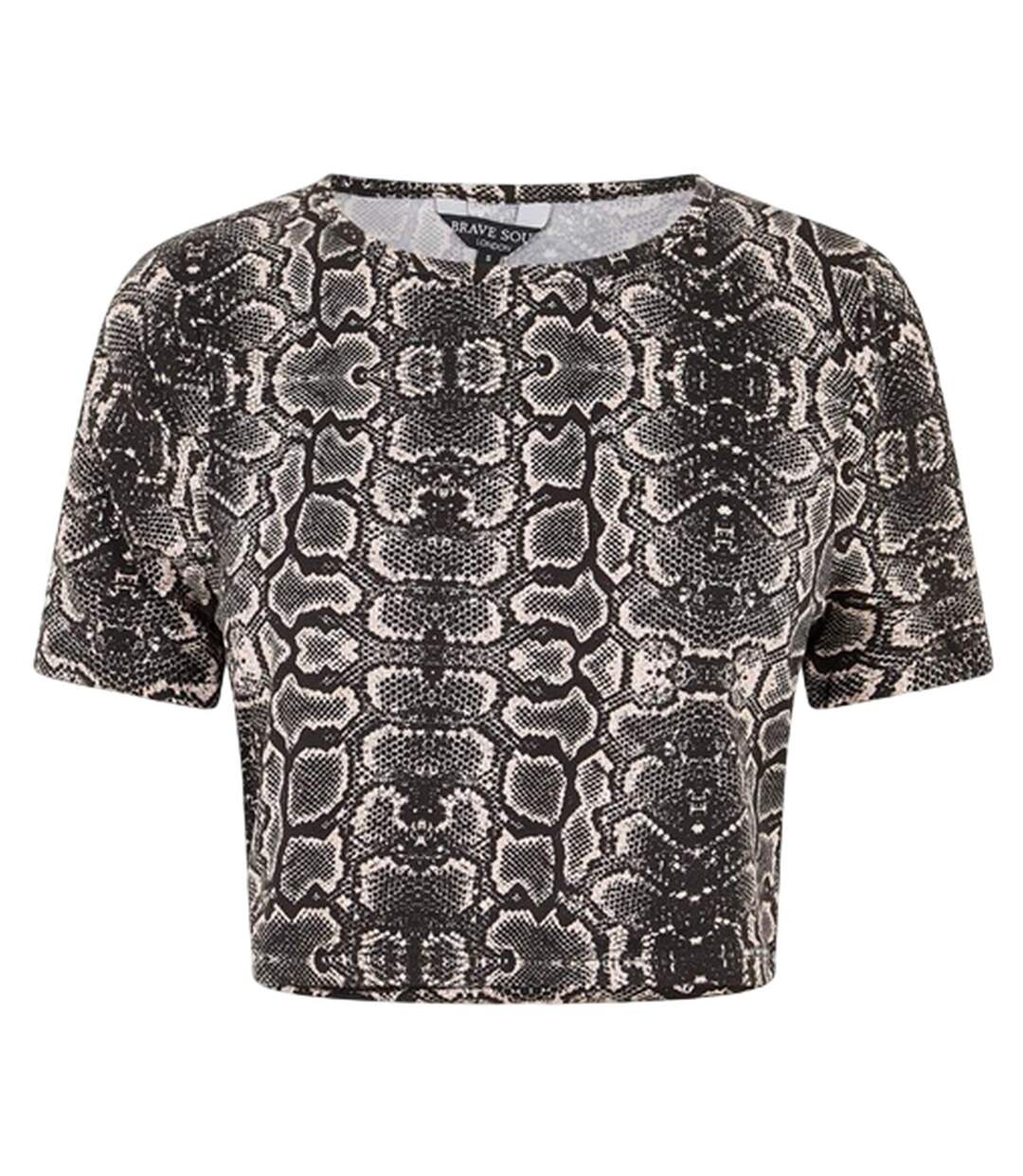 Womens/ladies Snake Print Crop T-shirt Black White Brave Soul-2