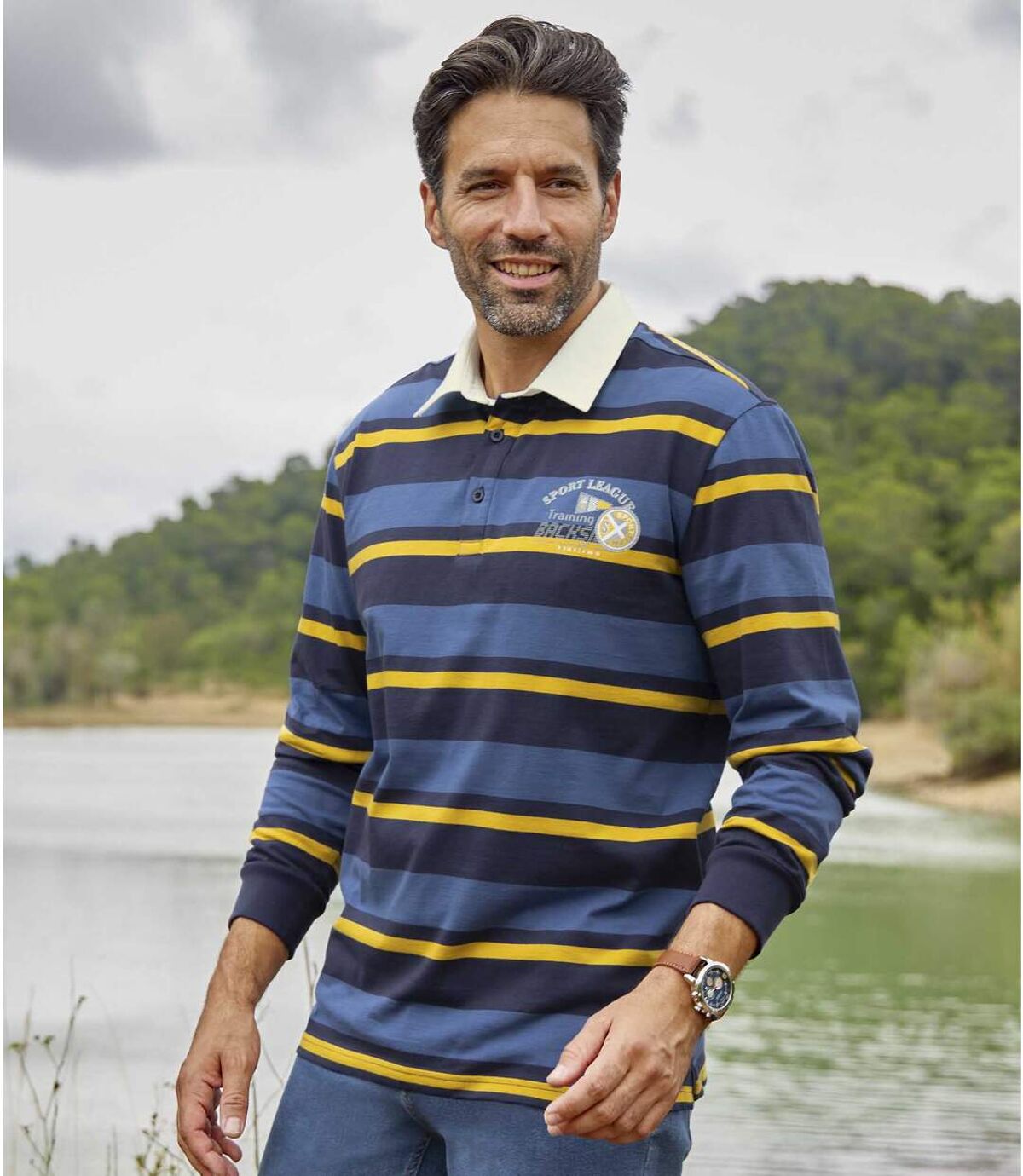 Men's Blue Long Sleeve Blue Striped Polo Shirt  Atlas For Men