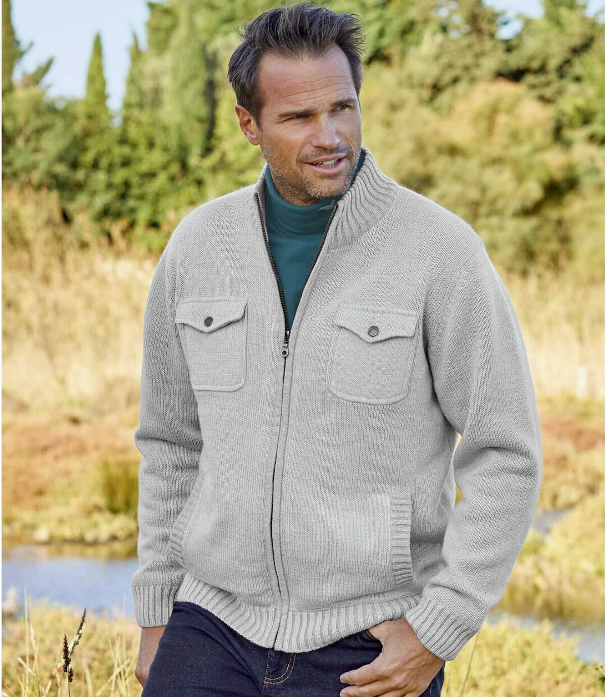 Men's Beige Multi-Pocket Knitted Jacket - Full Zip  Atlas For Men