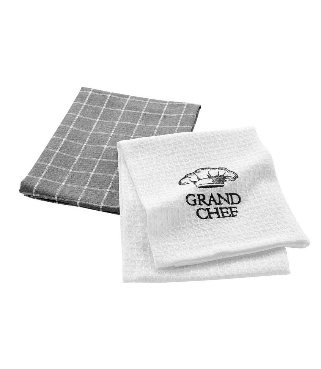 Lot de 2 Torchons de Cuisine Grand Chef 50x70cm Blanc & Gris-1