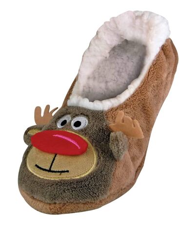 Ladies Non Slip Santa Rudolph Christmas Slippers