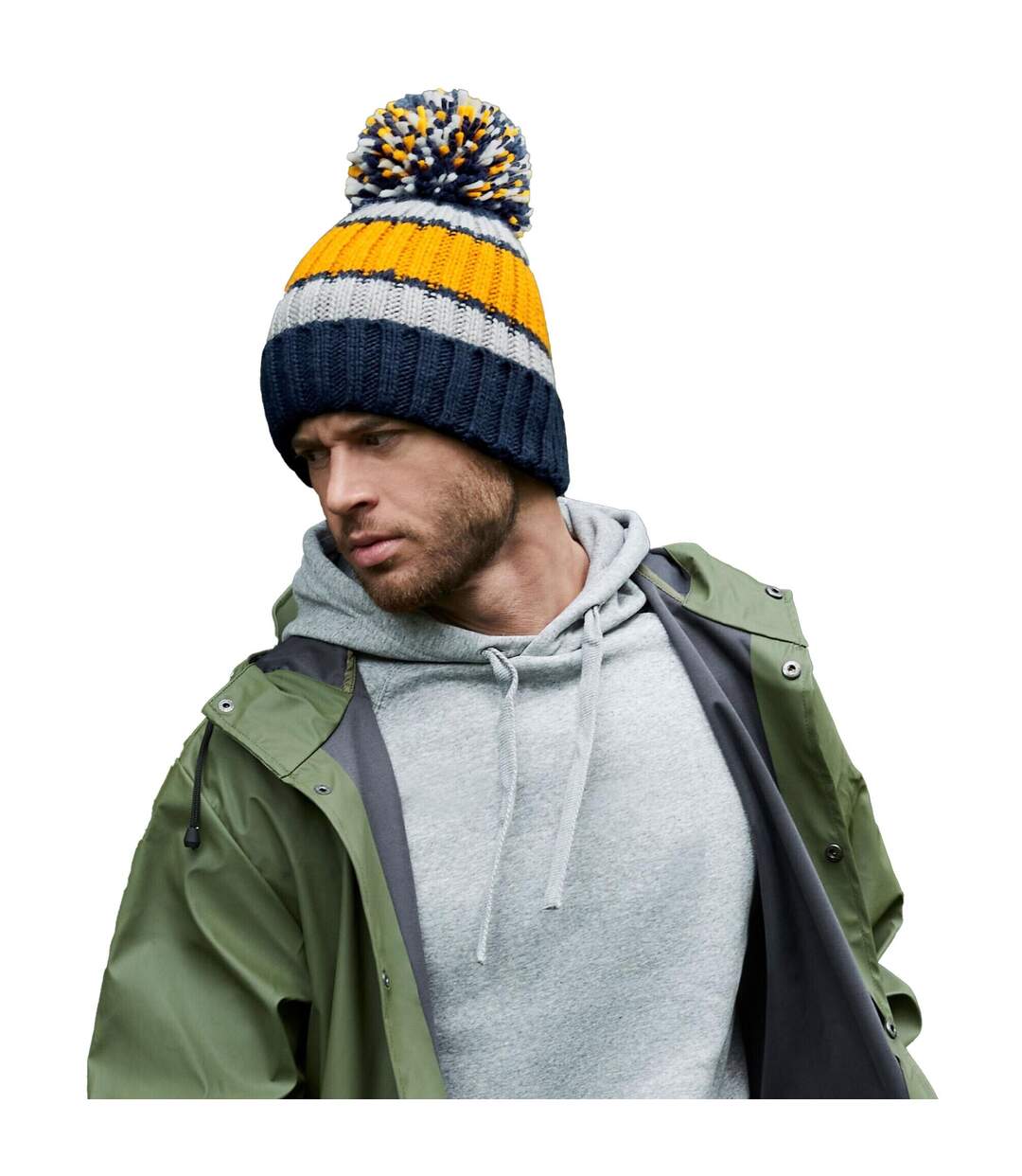 Bonnet Rayé Hygge Jaune Moutarde Bleu Foncé Beechfield-3
