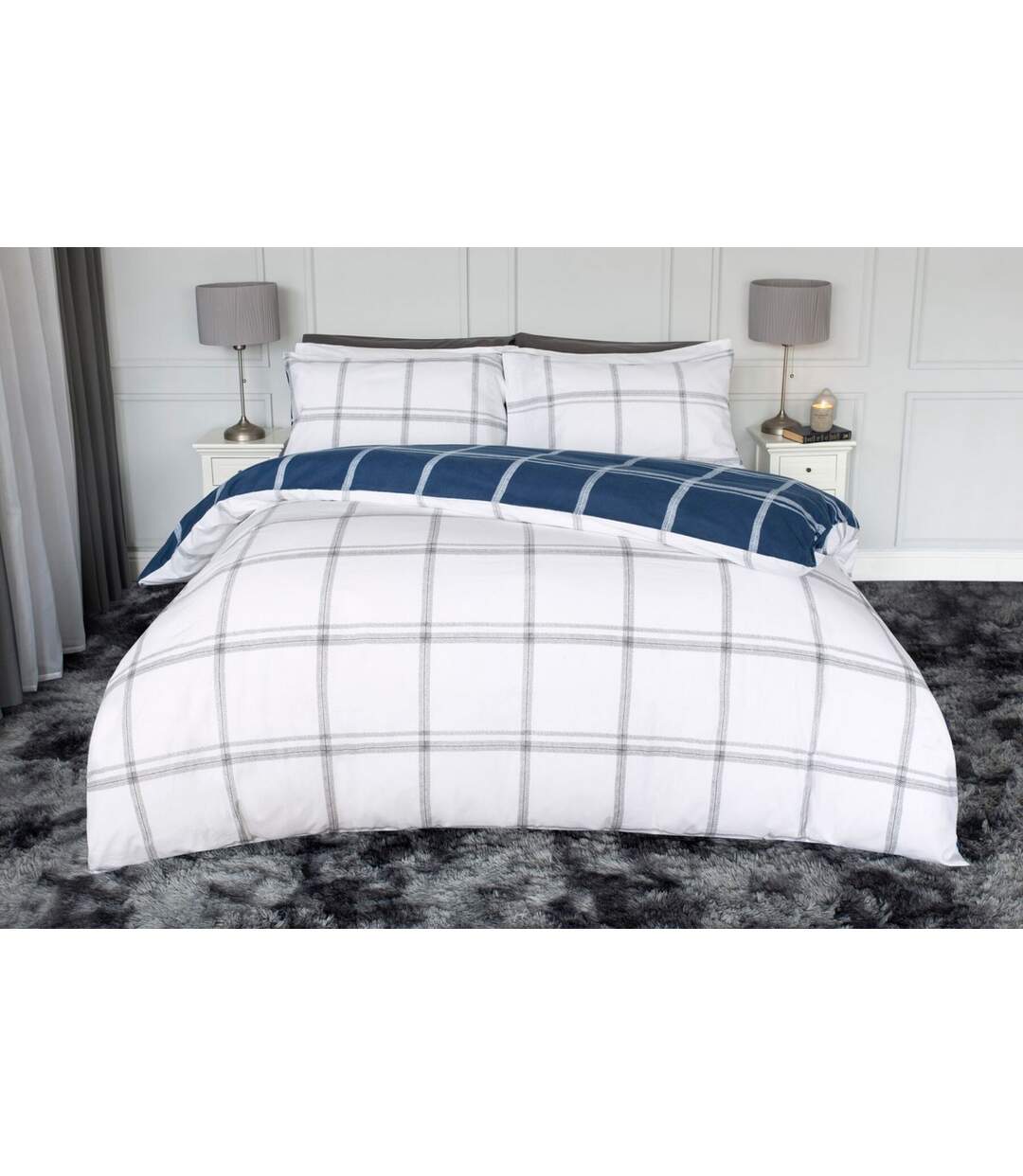 Dalton brushed cotton checked duvet cover set navy/white Belledorm-2