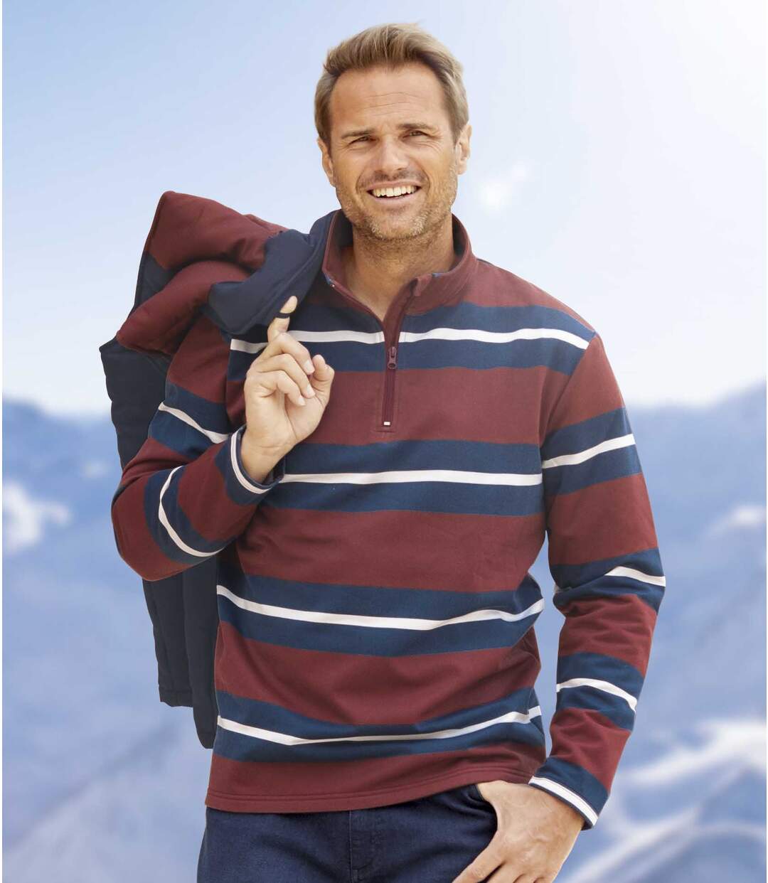 Men's Striped Zip-Neck Sweatshirt - Navy Burgundy-1