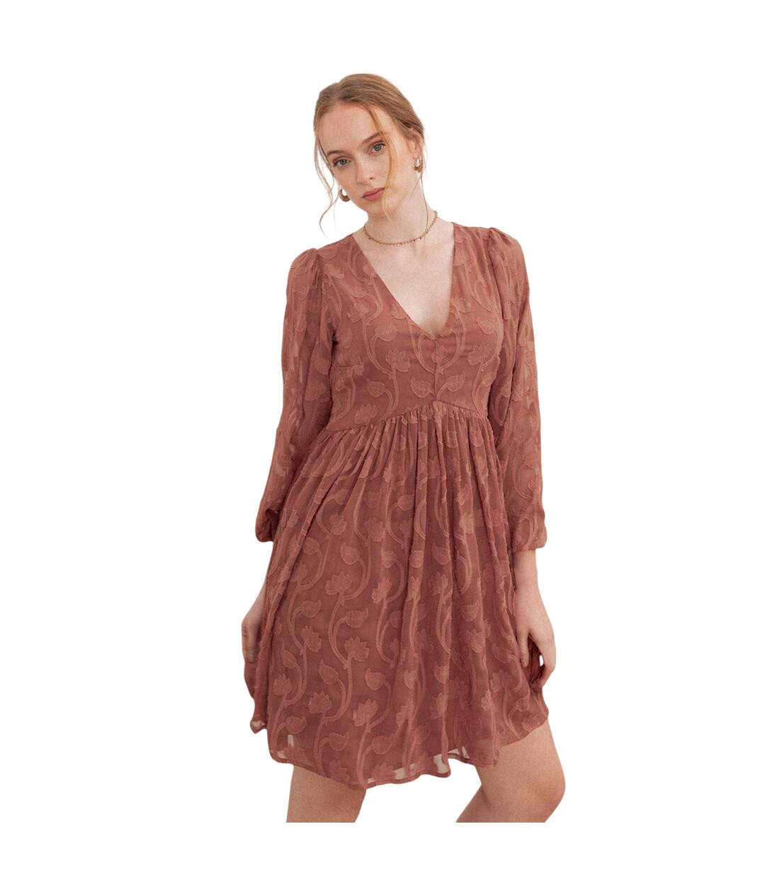 Robe Courte Manches Bouffantes Motif/style En Relief Femme Terre Cuite Lovedrobe-2