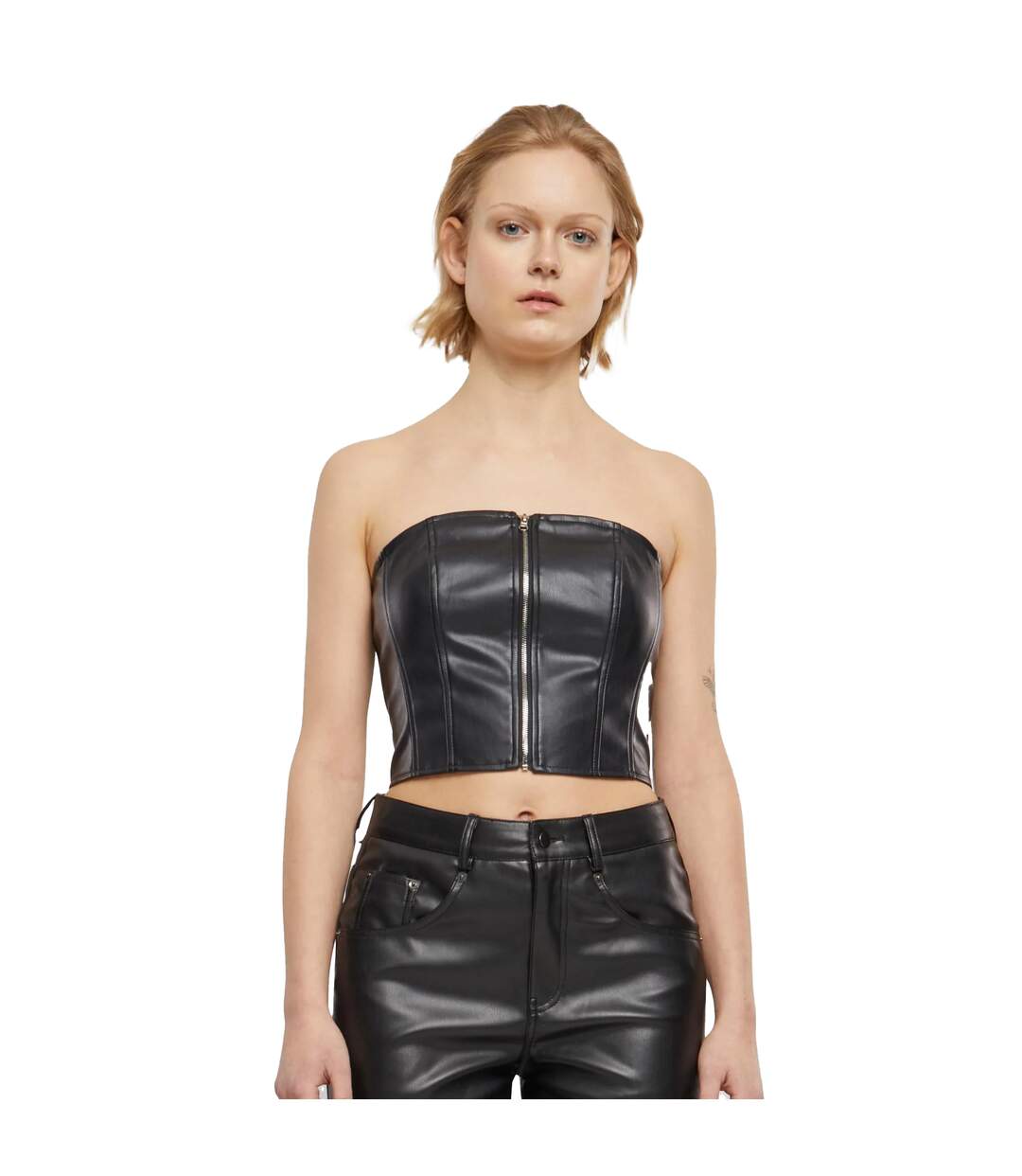Womens/ladies Synthetic Leather Bandeau Top Black Urban Classics-3