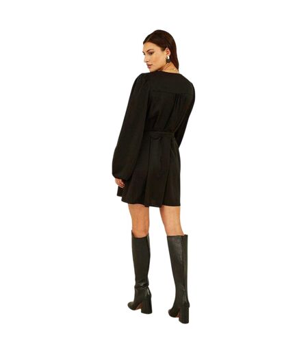 Womens/ladies V Neck Balloon Sleeve Mini Shirt Dress Black Mela London