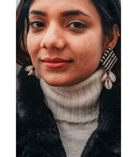 Large Black Handmade Square Stripe Fabric White Cowrie Jhumka Asian Earrings