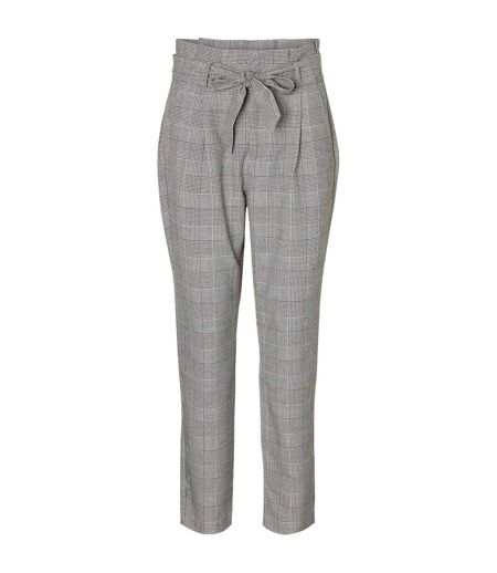 Womens/ladies Plaid Paperbag Petite Trousers Grey Vero Moda