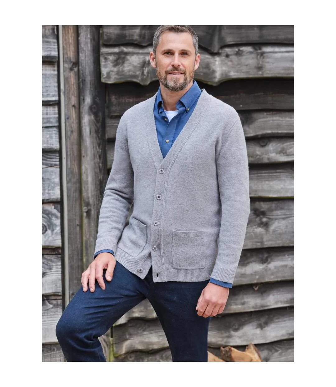 Mens Lambswool V Neck Cardigan Grey Marl WoolOvers-1