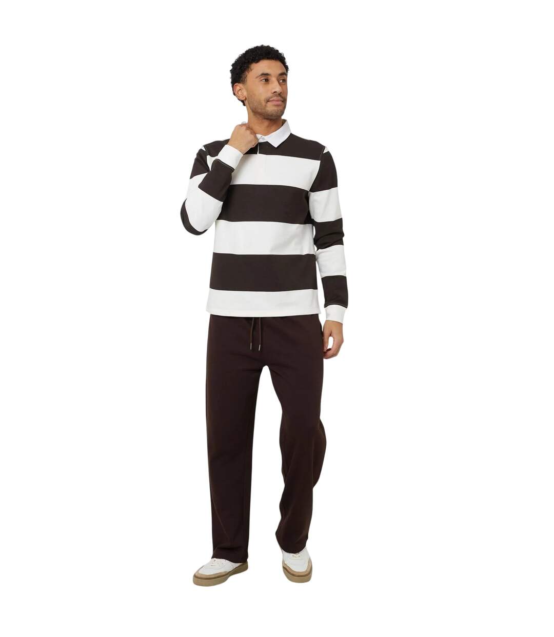 Mens Long-sleeved Polo Shirt Cream Brown Brave Soul-1