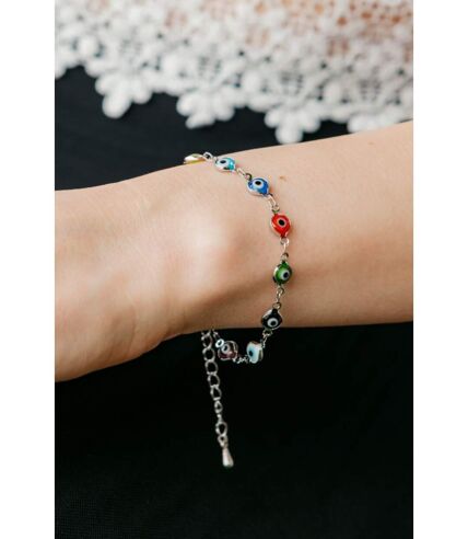 Colourful Silver Plated Turkish Evil Eye Charm Bead Protection Rainbow Bracelet